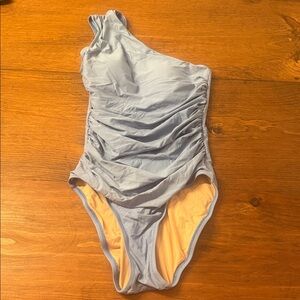 J. Crew Light Blue One-Shoulder Ruched One-Piece Swimsuit